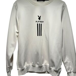 PLAYBOY White Crewneck Sweater with Black Logo Stripes